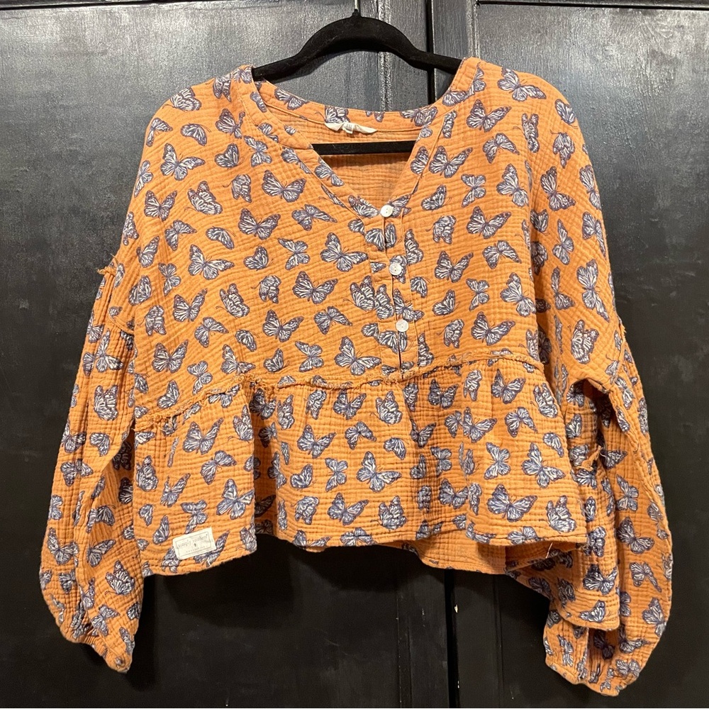 Simply Southern Collection Orange and Blue Butterfly Long Sleeve Cropped Blouse